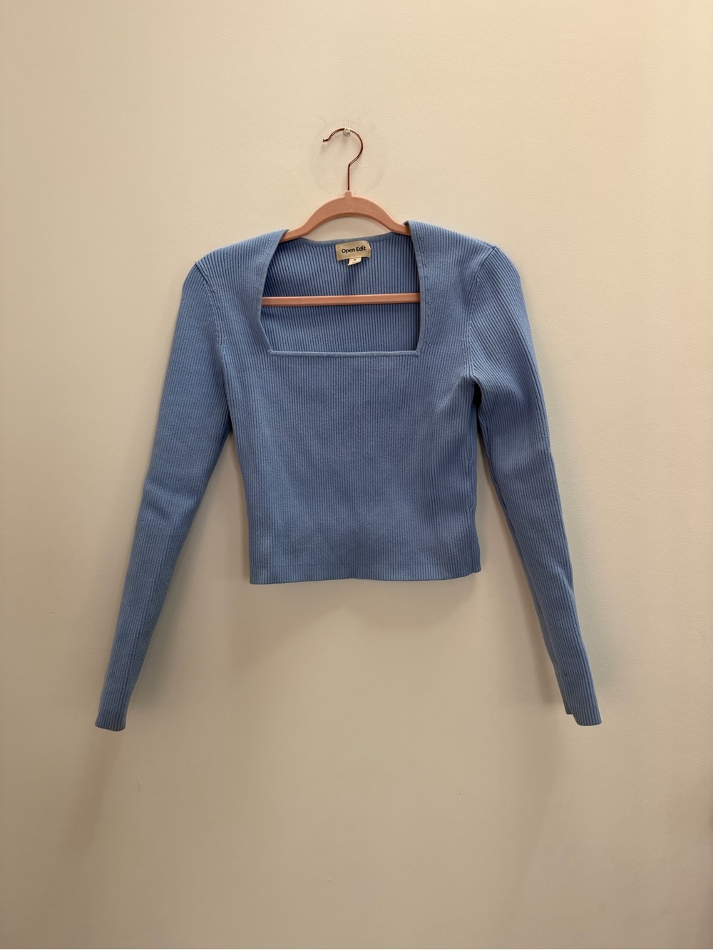 Open Edit Periwinkle Blue Square-Neck Ribbed Long-Sleeve Top